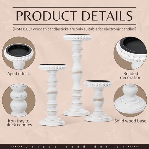 Mumufy 3 Pcs Candle Holders for Pillar Candles Rustic Farmhouse Home Decor Decorative Washed Beaded White Black Wood Candle Holder Country Style for Table Mantel Fireplace Wedding(White,Large) - color: White, size: Large