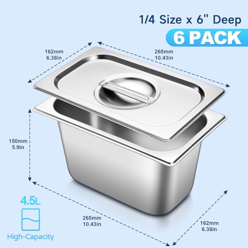 Hotel Pan With Lids 6 Pack 1/4 Size 6" Deep Stainless Steel Steam Table Pan, Commercial Food Pans for Catering Buffet Chafing Dish Pans Metal Steam Tray (1/4 Size x 6 Inch Deep, 6 Pack) - color: 1/4 Size, size: 6" Deep