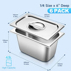 Hotel Pan With Lids 6 Pack 1/4 Size 6" Deep Stainless Steel Steam Table Pan, Commercial Food Pans for Catering Buffet Chafing Dish Pans Metal Steam Tray (1/4 Size x 6 Inch Deep, 6 Pack) - color: 1/4 Size, size: 6" Deep