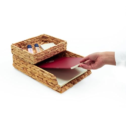 HAMOTOPI Desk Organizer Letter Tray Set of 2, Woven Water Hyacinth Tabletop Desktop for Storage Paper Letter Folders Notebooks Copy Print, Workspace Holder, Keep Stationery Saver