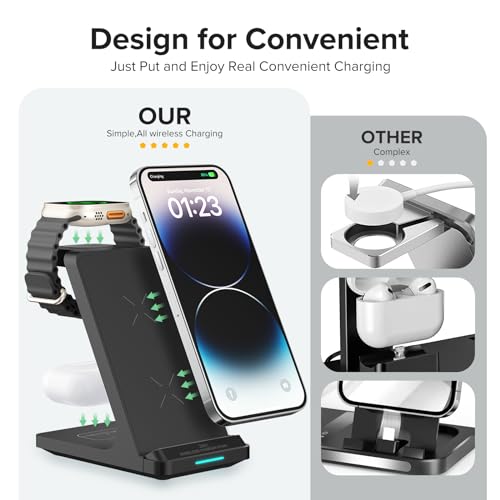 Wireless Charging Station, 3 in 1 Fast Wireless Charger Stand for Multiple Devices Apple Watch Ultra Series 11 10 9 8 7 6 SE 5 4 3 2, iPhone 17 16 15 14 13 12 11 Pro Max/Plus/Air/X/XS/XR, Airpods Pro - color: Black