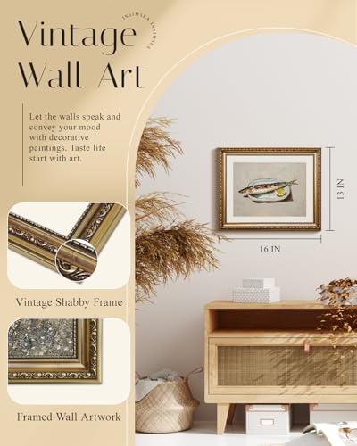 InSimSea Gold Framed Wall Art, Roasted Sardine Lemon Vintage Kitchen Wall Decor, Still Life Canvas Print Art, Dining Room Farmhouse Decor, Antique Paintings with Picture Frame 13x16inch - color: Roasted Sardine, size: 16"L x 13"W