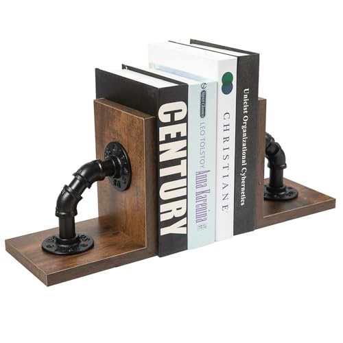 Rustic Decorative Wooden Tabletop Farmhouse Bookends for Heavy Books with Modern Industrial-Style Pipe Office Desktop Bookshelf Organizers Stoppers Holder Nonskid Shelf Decor 1-Pair (Dark Brown) - color: Dark Brown
