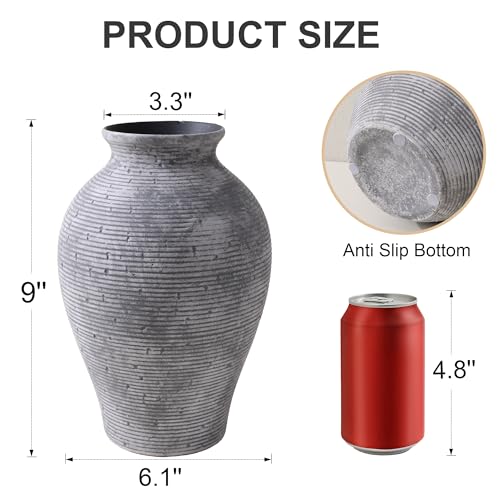 Ceramic Flower Vase Home Decor, 9 in Farmhouse Table Vases Rustic Vintage Living Room Kitchen Bedroom Pottery Decorative Vases for Flowers House Book Shelf Office Coffee Desk Dining Entryway, Grey - color: 9 in - Grey