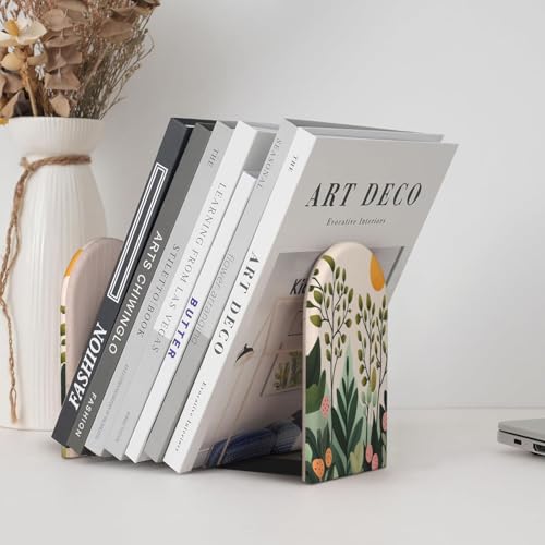 Subtle Pastel Minimal Aesthetic Illustration Bookends for Shelves 2 Pcs Wooden Book Stopper Organizer for Home Office Libraries