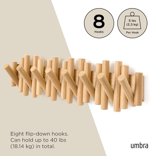 Umbra Picket Coat Rack with 8 Hooks – Natural Wall-Mounted Coat Rack with Flip-Down Wooden Hooks, Real Pine Wood Decorative Wall Storage for Jackets, Hats, Scarves, Bags, Entryway, Bedroom Living Room - color: Natural, size: 8-Hook