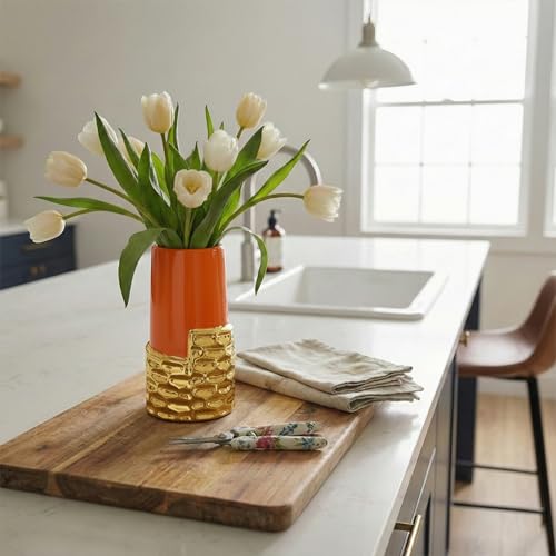 LCCCK 7.0" Gold Hammered Vase Home Decor, Elegant Ceramic Orange and Gold Flower Vase for Pampas Grass Decorative, Boho Small Cylinder Vases Centerpiece, Dining Table Living Room Jarrones Art - color: Orange and Gold