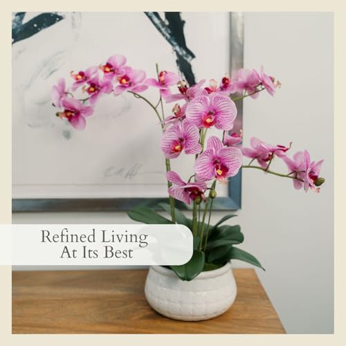 CG Hunter Faux Orange Orchid Plant, Premium Artificial Indoor Flower Display Stands 23”, Beautiful Sculptural Blooms That Lasts Forever, White Planter Pot Included - size: 23" Purple Orchid