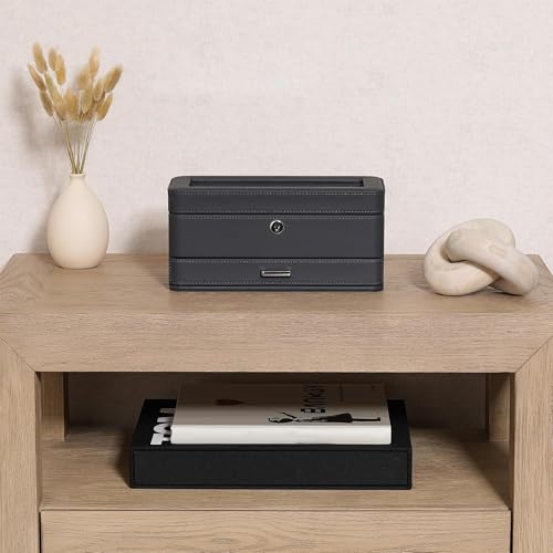 ROTHWELL 4 Slot Leather Watch Box with Valet Drawer - Luxury Case Display Jewelry Organizer, Locking Display Case Holder with Real Glass Top - Watch Box Organizer for Men & Women (Carbon) - color: Carbon