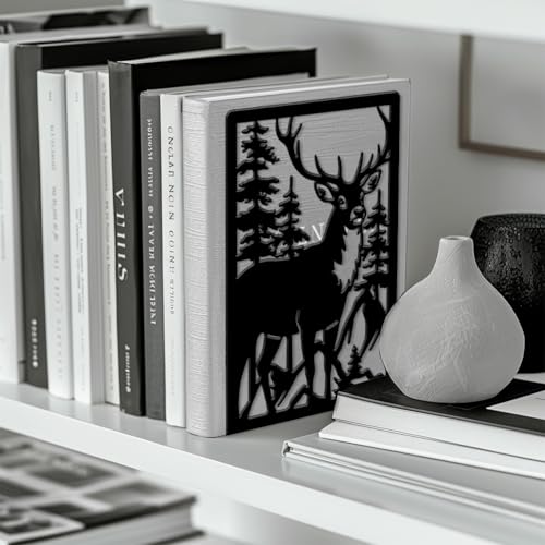 Peacoblue Metal Bookends for Shelves, Modern Decorative Heavy Duty Study Book Ends Stoppers for Office, Desk, Shelf, Room 5.3"x4.3"x7.9" Cast Iron Simple Tall Bookends 1 Pair (Deer and Forest) - style: Deer and Forest