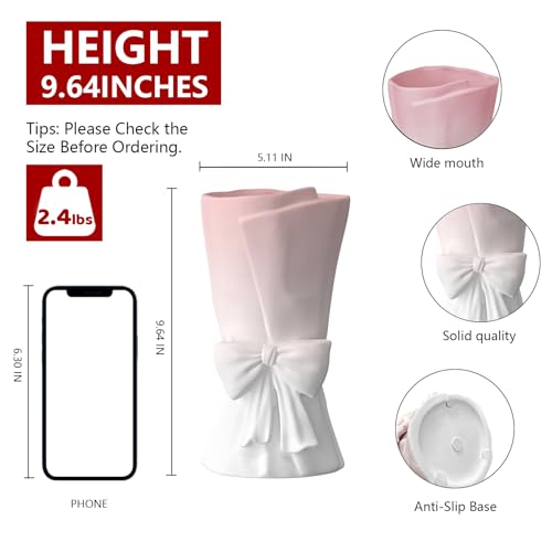 Relexome Pink White Ceramic Bow Vase 9.64 in Unique Cute Modern Decorative Bouquet Flower Vases for Home Living Room Table Decor - color: Pink White