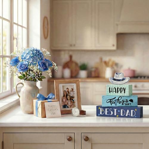 Smile Happy Father's Day Wooden Table Decor Best Dad & Cowboy Hat Desktop Signs Tabletop Decorations for Home Office Shelf - Gift for Dad, Husband, Grandpa - style: Father