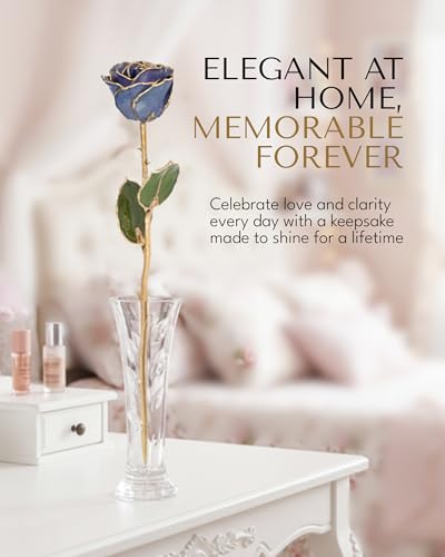 Forever Rose Hand-Dipped in 24K Gold, Tanzanite-Inspired December Birthstone with Sparkles, Real Rose in Luxury Gold Gift Box & Clear Glass Bud Vase, Perfect Ready for December Birthday - Any Occasion - color: December Tanzanite