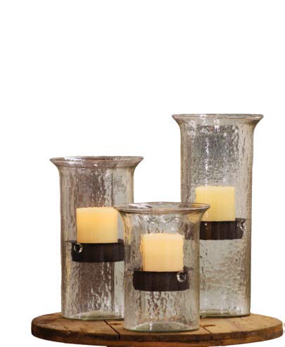 First of a Kind Small Glass Hurricane Pillar Candle Holder with Rustic Metal Insert, Perfect as a Centerpiece - size: 11.75" Tall Clear