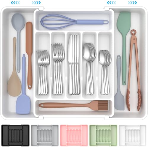 ukeetap Extra Large Expandable Silverware Organizer, BPA-Free Food-Safe Cutlery Flatware Organizer, Kitchen Utensil Drawer Organizer, Adjustable Silverware Holder for Spoons Forks Knives, White - color: White