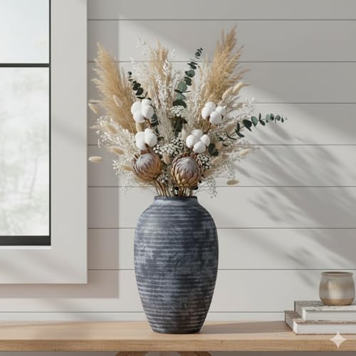 Lvases Farmhouse Rustic Ceramic Vase, 10.6 inch Gray-White Textured Modern Weathered Pottery Terracotta Vintage Vases for Home Decor Enterway Coffee Table Mantel Shelf Decorative (Tall - B) - color: Gray+white, size: 5.9 in X 10.6 in