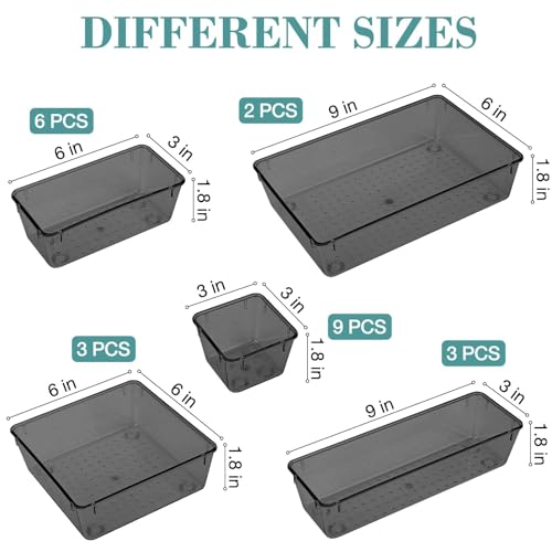 StorMiracle 23 PCS Drawer Organizer Set, 5 Varied Size Bathroom and kitchen Drawer cabinet organizer Trays, Clear Storage Bins for Makeup, Jewelry, Utensils and Gadgets, Black - color: Black, size: 23 PCS