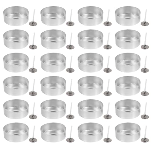 DOITOOL 100 Pcs Aluminum Tea Lights Cups, Round Empty Case Candle Wax Containers Candleholder, Metal Tea Light Tins with 100 Pcs Candle Wicks for Christmas Wedding Holiday Table Decoration