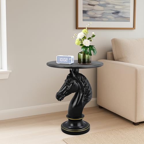 Modern Accent Table Living Room Horse Statue Black Contemporary‌ Faux Marble Night Stand Side Table with Horse Head Base Reception Area & Bedroom（Width 19.69" ——Tall 24.8"） - color: Black Horse Head Table