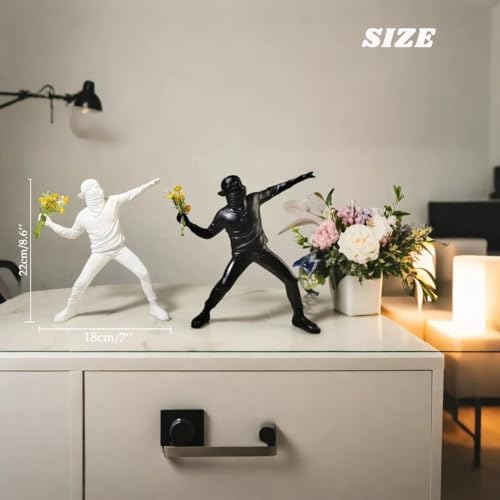 Banksy Street Graffiti Art Statue,Throwing Flower Boy Figurine,Resin Statue Ornaments,Living Room Dining Desk Decorations,Bookshelf Decorative Objects,Modern Home Decor(8.6"/White) - color: Throwing Flower Boy-white-1
