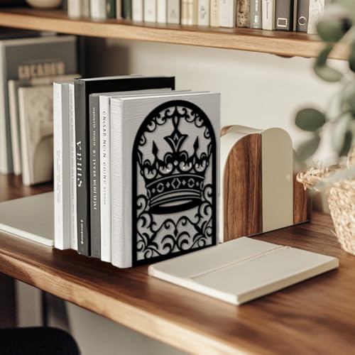 Peacoblue Metal Bookends for Shelves, Modern Decorative Heavy Duty Study Book Ends Stoppers for Office, Desk, Shelf, Room 5.3"x4.3"x7.9" Cast Iron Simple Tall Bookends 1 Pair (Crown) - style: Crown