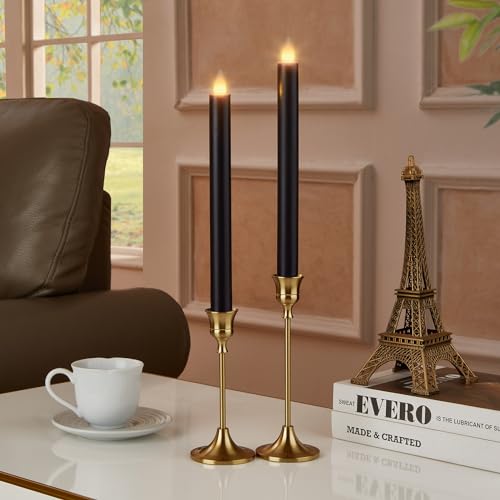 Flameless Taper Candles Flickering with Remote and Timer, 3D Moving Flame Taper Candle Battery Operated to 400 Hours, 9 Inch Window Candles, (Black) - color: Black