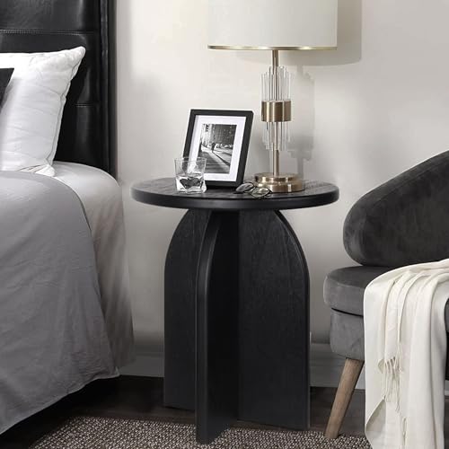 Oakrain End Table with Pedestal, Wood Side Table Bedside Sofa Couch, Modern Nightstand for Bedroom, Small Round Coffee Table for Living Room Office Balcony, Black - color: Black-round Shape