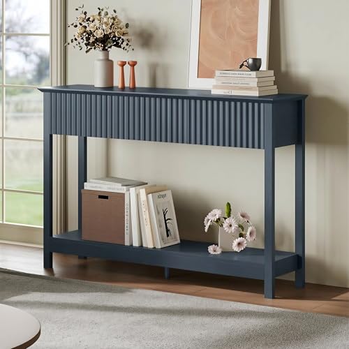 Treocho 47" Fluted Console Table with 3 Drawers, Narrow Long Entryway Table with Storage and Shelf, 2-Tier Sofa Table Behind Couch Accent Tables for Entrance Foyer, Hallway, Living Room, Blue - color: Blue