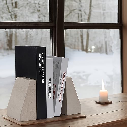 Koville Marble Bookends for Shelves, 9Lbs Large Bookends for Heavy Books, Non-Slip Heavy Duty Book Stopper for CD/Movies, Aesthetic Decorative Bookends for Shelves Table Home Decor(Beige) - color: Beige
