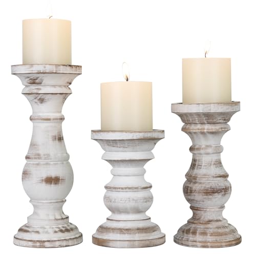 Candle Holder for Pillar Candle Set of 3, Farmhouse Wood Candle Holder, Rustic Wooden Candle Stand, Decorative Wood Candlestick Holders for Living Room, Table Centerpiece (Antique White) - color: Washedwhite, size: Set of 3