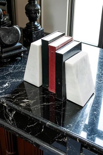 Solid White Marble Bookends - Set of 2 Heavyweight Luxury Bookends for Modern Shelves