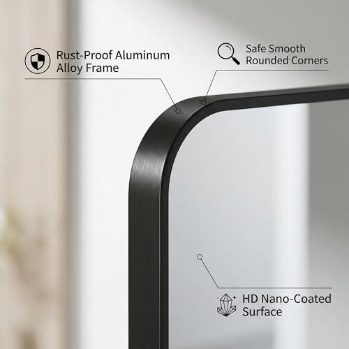 Koonmi Bathroom Mirror, 26X38 Brushed Black Rectangle Wall Mirror, HD Tempered Glass, Anti-Rust Frame Vanity Mirror, Rounded Rectangle Mirror for Restroom, Bedroom, Hangs Horizontal or Vertical - color: Rounded Edged, size: 38"L x 26"W
