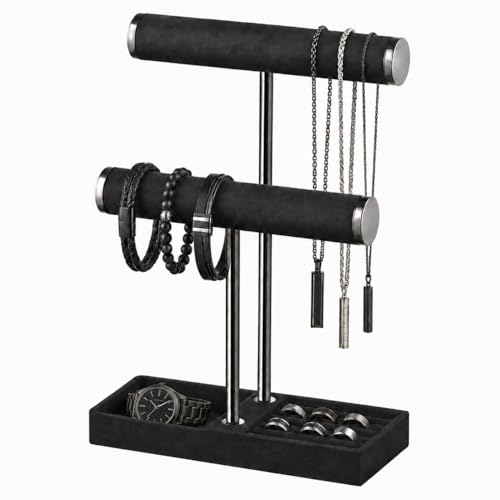 bussdis 2 Tier Bracelet Holder Display - Detachable T Bar Black Velvet Bracelet Holder, Jewelry Holder Organizer for Bracelet, Necklace, Earrings, Rings - color: Black