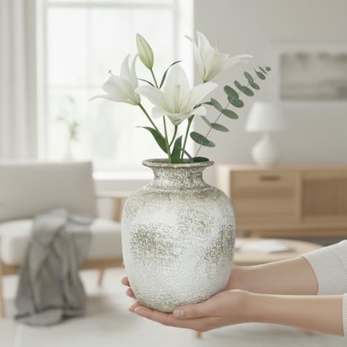 Rustic Ceramic Vase Home Decor - 7 Inch Farmhouse Clay Vase for Flower, Stone Texture Vases for Minimalist Shelf Decor, Living Room, Kitchen Table, Bookshelf, Office Desk Decorations Grey - color: Rustic Grey