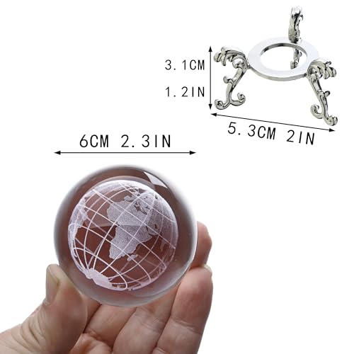 H&D HYALINE & DORA 2.3 inch (60mm) Clear Crystal Glass Ball Paperweight 3D Laser Engraved Earth Globe World Map Ball with Metal Stand Decor - color: 60mm Globe