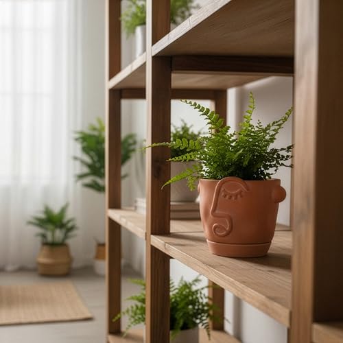 HERDUK 6 Inch Terracotta Abstract Face Planter with Drainage & Saucer – Artistic Ceramic Flower Pot for Indoor Plants, Boho Home Decor, Unique Gift for Plant & Art Lovers - size: 6 Inch