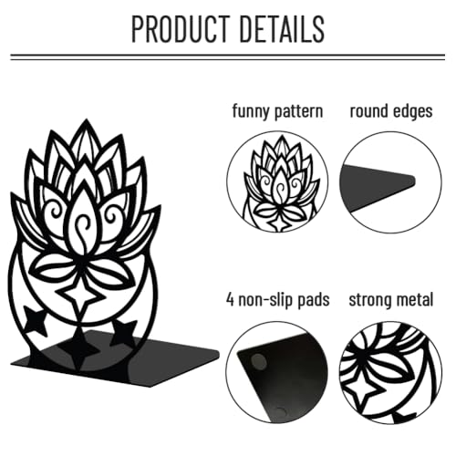 WADORN Lotus Moon Metal Decorative Bookend for Shelves 1 Pair, Heavy Duty Book Ends Unique Non-Skid Books Holder Stand Black Book Support Stoppers for Desk Bookshelf Office Home, 5.3x4.3x7.9 Inches - color: Lotus