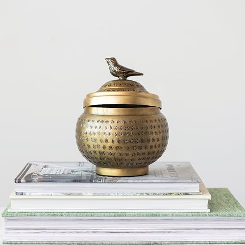 Round Hammered Metal Container with Bird Finial, Brass Finish - style: Bird