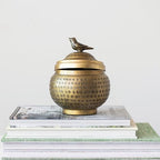 Round Hammered Metal Container with Bird Finial, Brass Finish - style: Bird