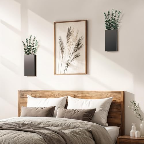 2 Pack Metal Wall Planter Vases Decor with Artificial Eucalyptus, Modern Farmhouse Rustic Hanging Pocket Planters for Indoor Greenery and Flowers, Living Room Bedroom Kitchen Decoration, Black - color: Black