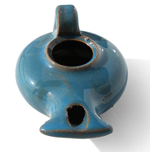 Herodian Blue Glazed Oil Lamp with Handle – Authentic Biblical Clay Candle Holder Replica from The Holy Land - Handmade Judaica & Christian Faith Gift with Certificate of Authenticity - color: Herodian - Biblical Blue Glazed