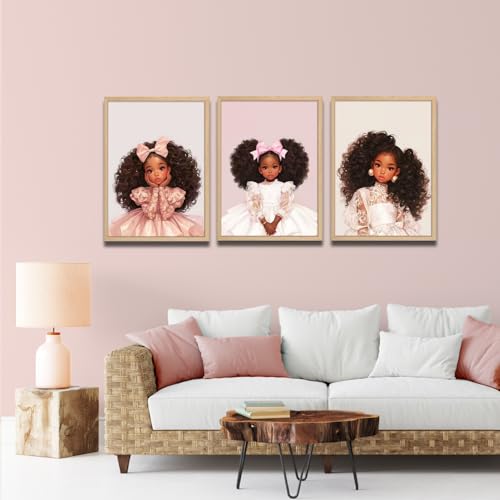 Black Girl Wall Art Canvas Framed 3 Piece Set 12x16 Inch Pink Princess Wall Decor for Girls Room Nursery African American Art Prints Poster Picture Wall Decor Artwork - color: Black Girl-1, size: 12"x16"