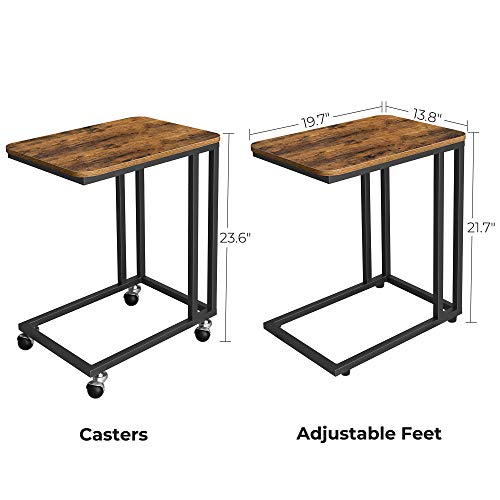 VASAGLE End Table, C Shaped TV Tray with Metal Frame Rolling Casters, Industrial Side Table for Living Room Bedroom, 19.7 x 13.8 x 23.6 Inches, Rustic Brown and Black - color: Rustic Brown + Black