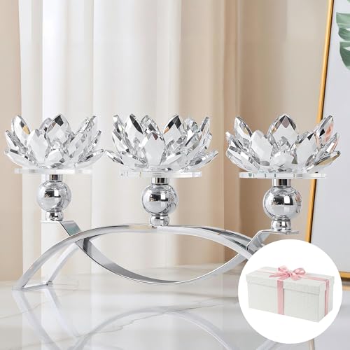 Crystal Candle Holders Lotus Candelabras, Silver Arch Candlestick, Centerpiece Table, Home Hecor for Wedding, Dinning Room, Coffee Table, Kitchen, Living Room (26.7cmL, Tealight Candle) - color: Silver, size: 3-Arm