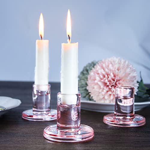 TELOSMA Pink Glass Candle Holders 6PCS for Taper Candles, Candlestick Holders Fit to Taper Candle which Diameter 5/6-7/8 inch, for Wedding Party, Valentine's Dating Dinner Table Decor - color: Pink