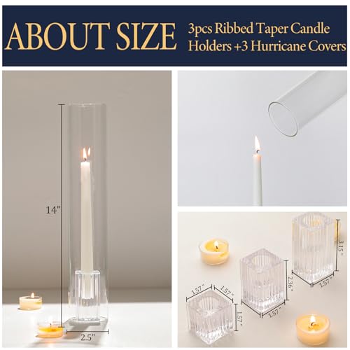LETINE Hurricane Candle Holders with Ribbed Taper Candle Holders Set of 3(14")- Windproof & Elegant Candle Holder with Glass Cover for Outdoor&Indoors Wedding Centerpieces, Events & Home Decor - color: Clear, size: 14H"-3pcs+3pcs Taper Holder1.57"/2.36"/3