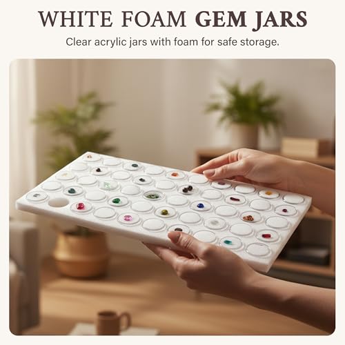RJ Displays 50 Gem Display Case Diamond Gemstone Storage Box – White Tray Foam Sheet (14.5" x 7.8" x 0.75") –Small Round Plastic Containers Box Jewelry Organizer Container, White Foam Storage Jar - color: White
