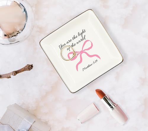 WODMIS Christian Coquette Bow Ceramic Jewelry Tray Dish, Bible Verse Preppy Jewelry Plate Ring Trinket Dish, Trendy Aesthetic Ribbon Gifts for Women Bestie Best Friends 508 - color: Pink-1