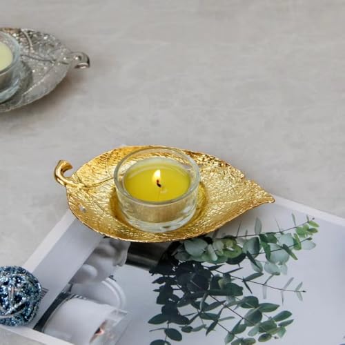 1PC Nordic Natural Wind Leaf Shape Candle Holder Tea Wax Small Round Transparent Container Table Top Decoration Candle Holder (Golden) - color: Golden