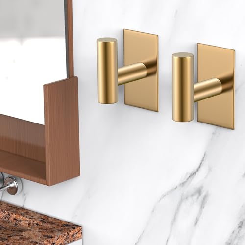 VAEHOLD Wall Towel Hooks, Heavy Duty Sticky Holder Waterproof Towel Hooks for Hanging Coat, Clothes, Closet Hook Wall Mount for Kitchen (Gold, 2 Pack) - color: Gold, size: 2 Pack